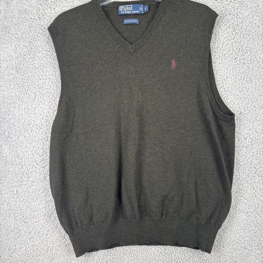 Polo Ralph Lauren Sweater Vest Mens Large Gray 100% Merino Wool Golf V-Neck